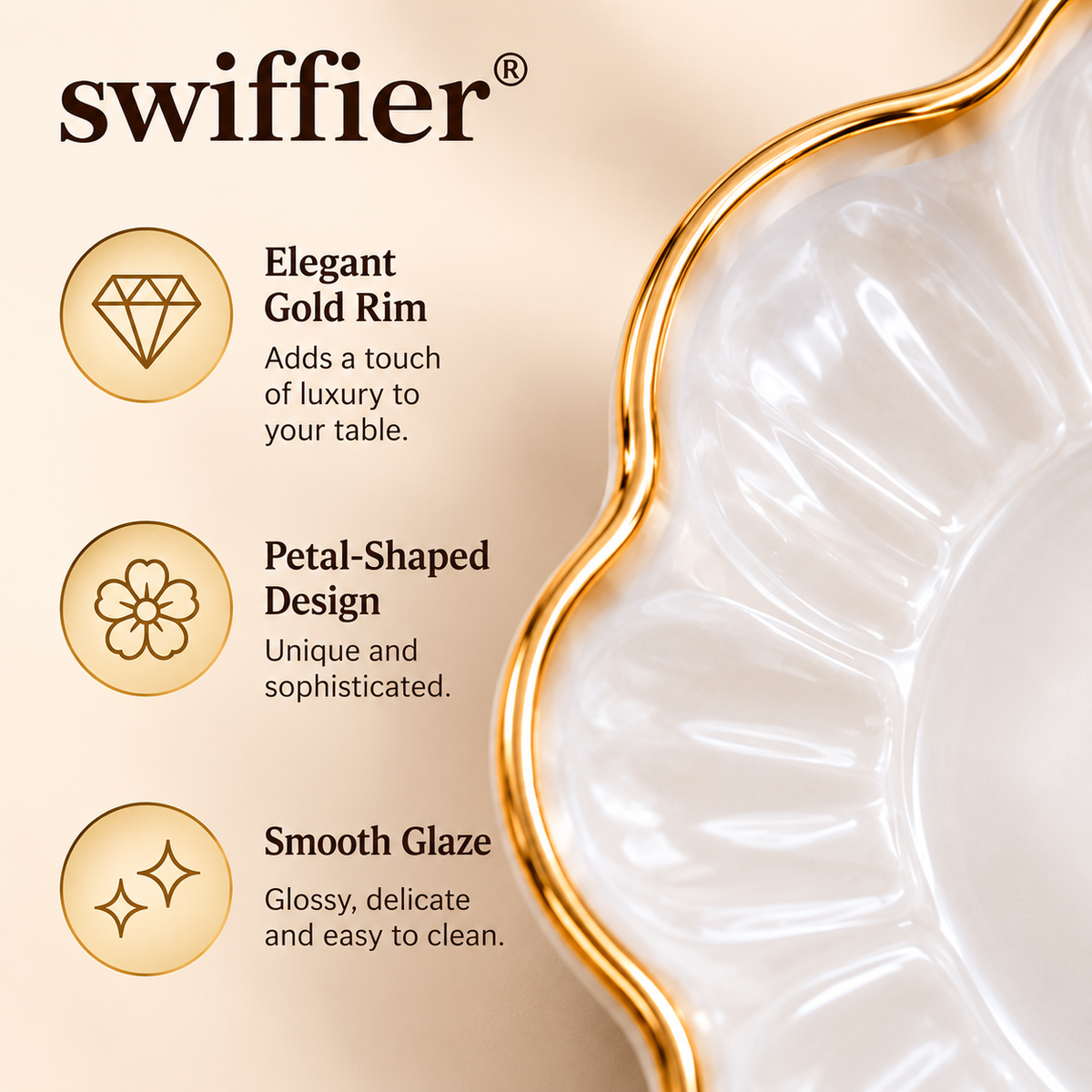 swiffier® Petal-Shaped Gold-Rim Ceramic Dinner Plate