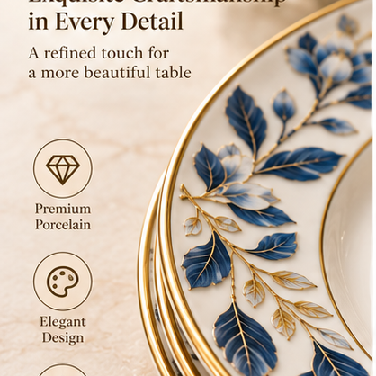 swiffier® Blue Botanical Gold-Rim Porcelain Dinner Plate
