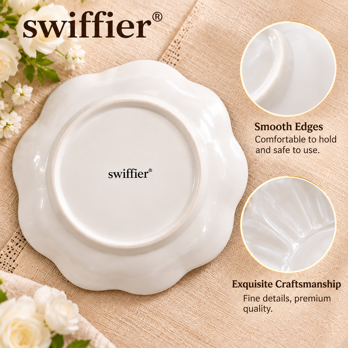 swiffier® Petal-Shaped Gold-Rim Ceramic Dinner Plate