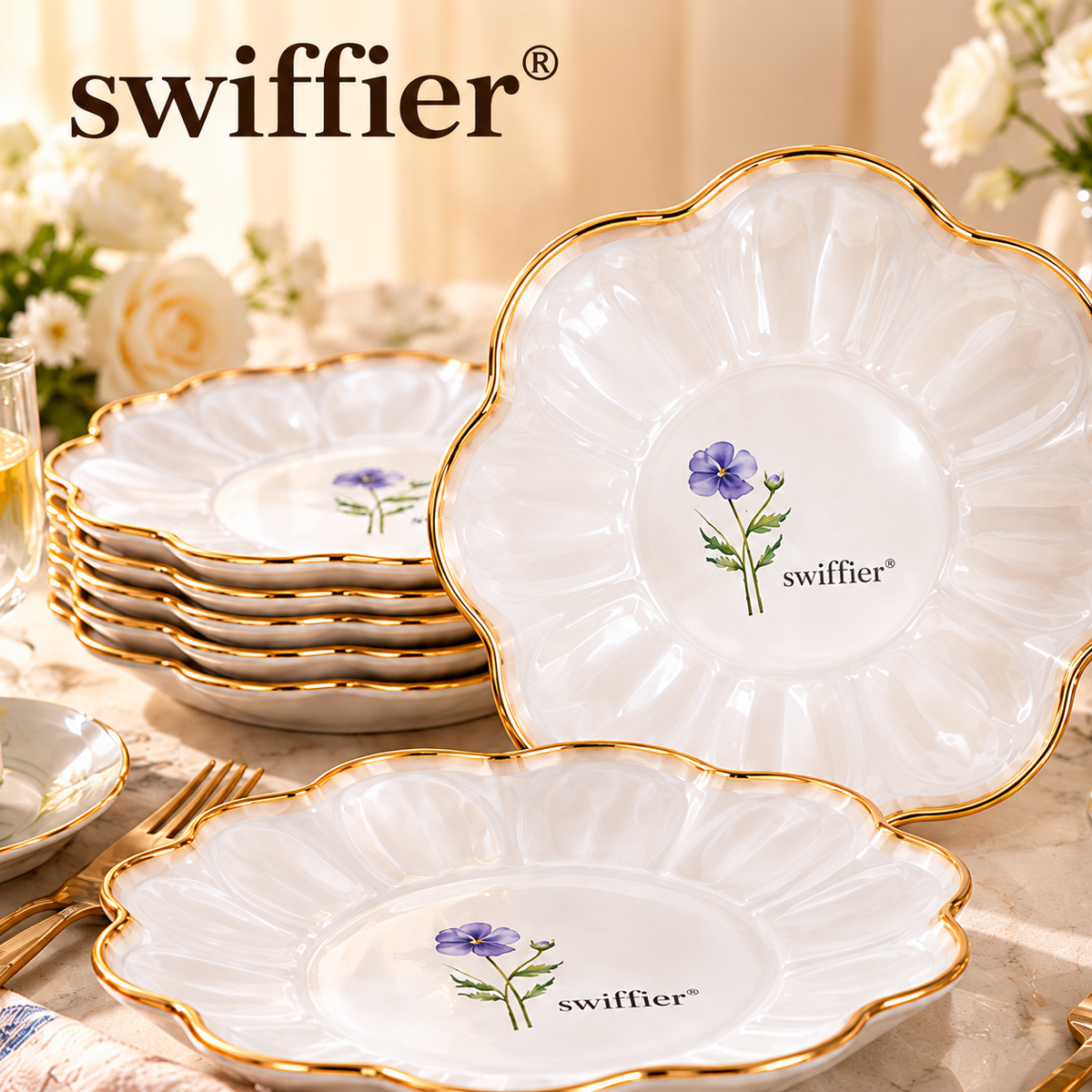 swiffier® Petal-Shaped Gold-Rim Ceramic Dinner Plate