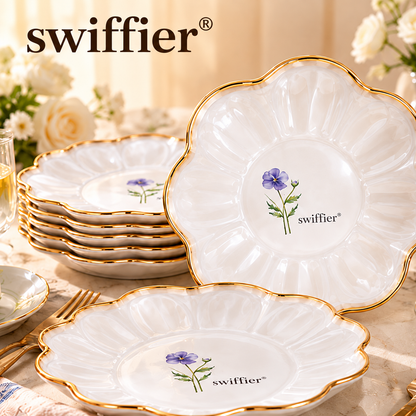 swiffier® Petal-Shaped Gold-Rim Ceramic Dinner Plate