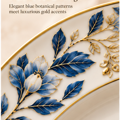 swiffier® Blue Botanical Gold-Rim Porcelain Dinner Plate