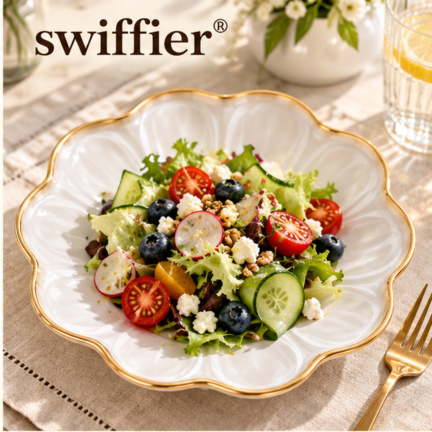 swiffier® Petal-Shaped Gold-Rim Ceramic Dinner Plate
