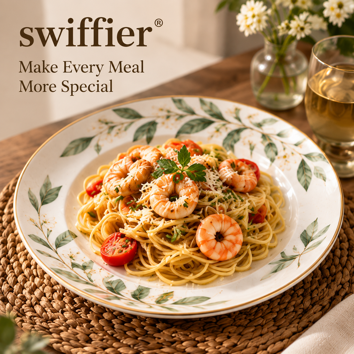 swiffier® Botanical Gold-Rim Ceramic Dinner Plate