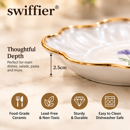swiffier® Petal-Shaped Gold-Rim Ceramic Dinner Plate