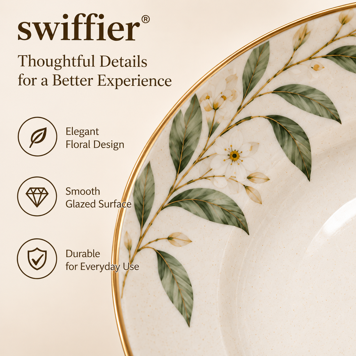 swiffier® Botanical Gold-Rim Ceramic Dinner Plate