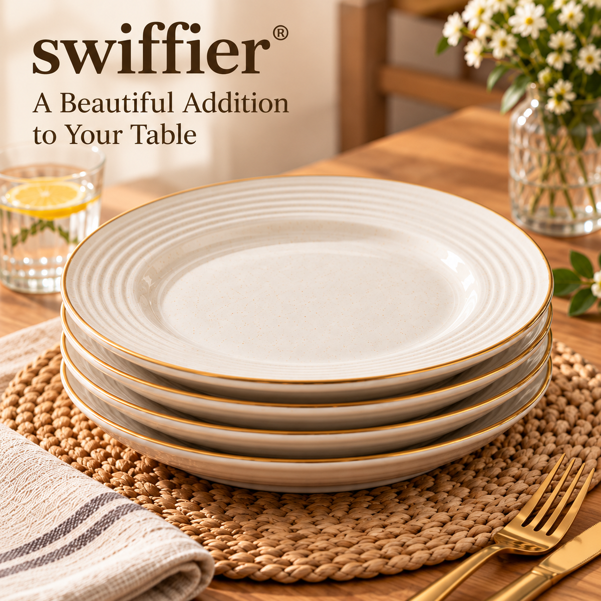 swiffier® Elegant Gold-Rim Ceramic Dinner Plate