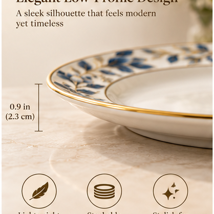 swiffier® Blue Botanical Gold-Rim Porcelain Dinner Plate