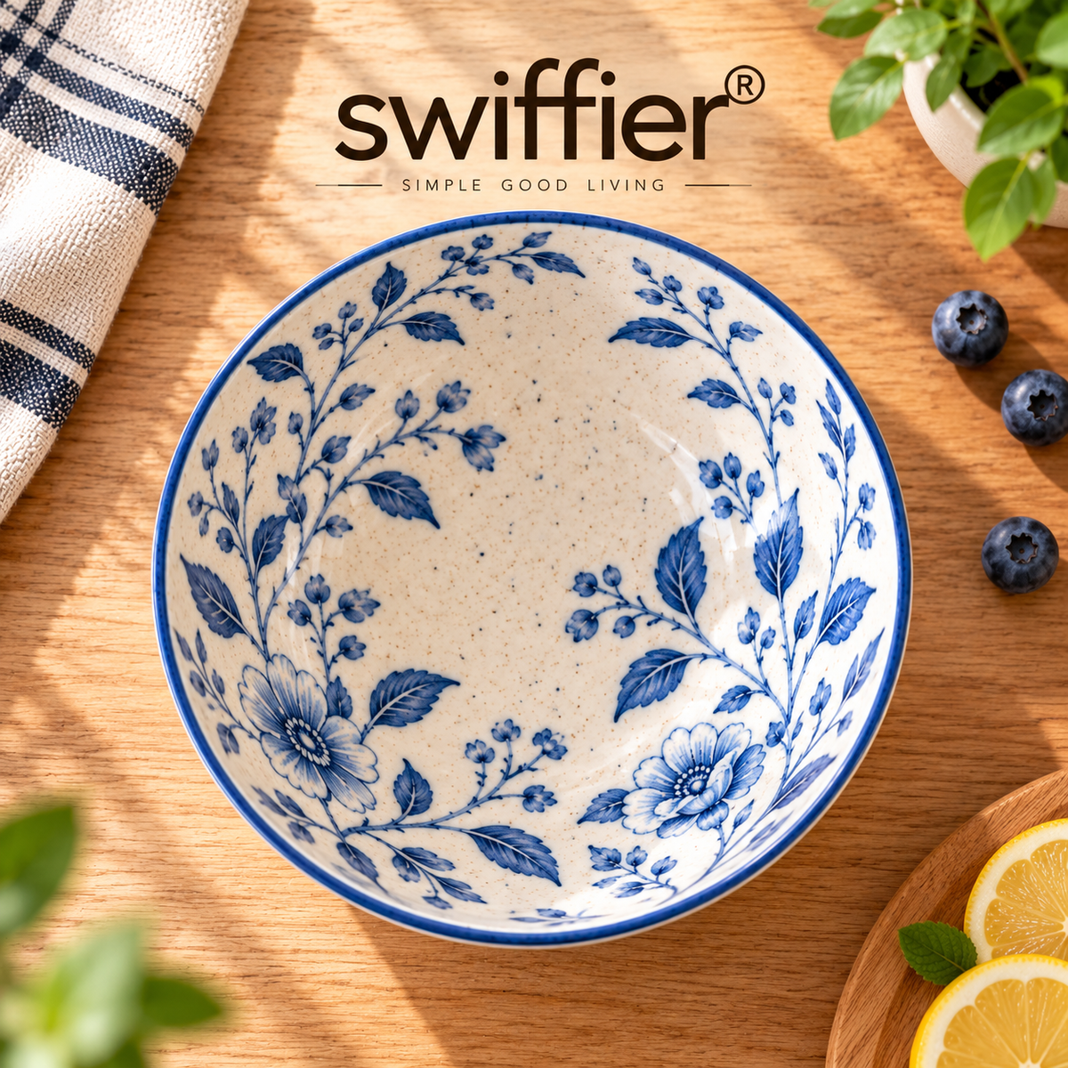 Swiffier® Blue Floral Ceramic Bowl