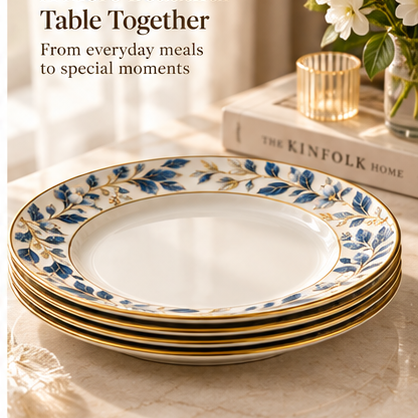 swiffier® Blue Botanical Gold-Rim Porcelain Dinner Plate