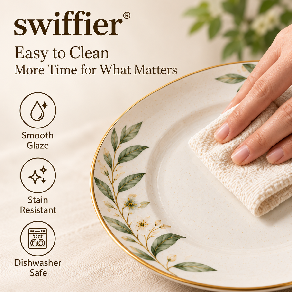 swiffier® Botanical Gold-Rim Ceramic Dinner Plate