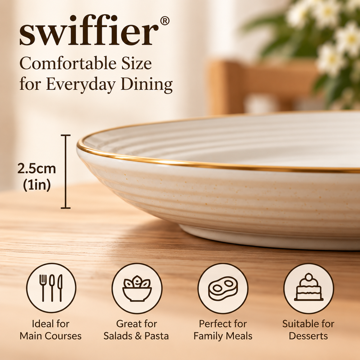 swiffier® Elegant Gold-Rim Ceramic Dinner Plate