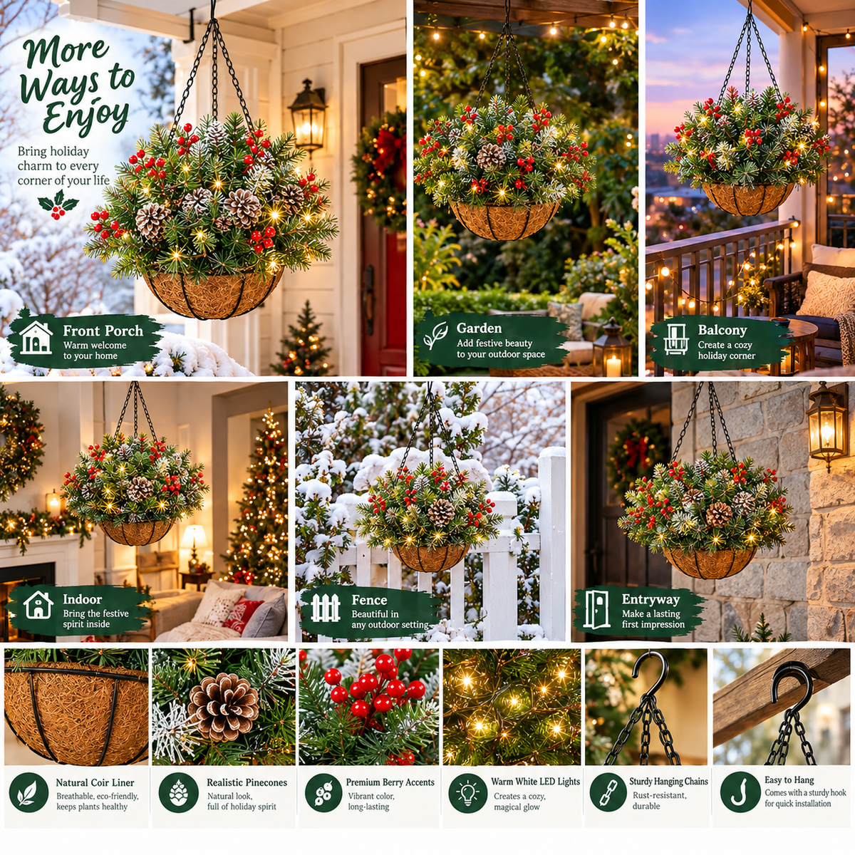 🎄Healrize®  Pre-Lit Christmas Hanging Basket |🎄 Pre-lit, weather-resistant, and zero maintenance