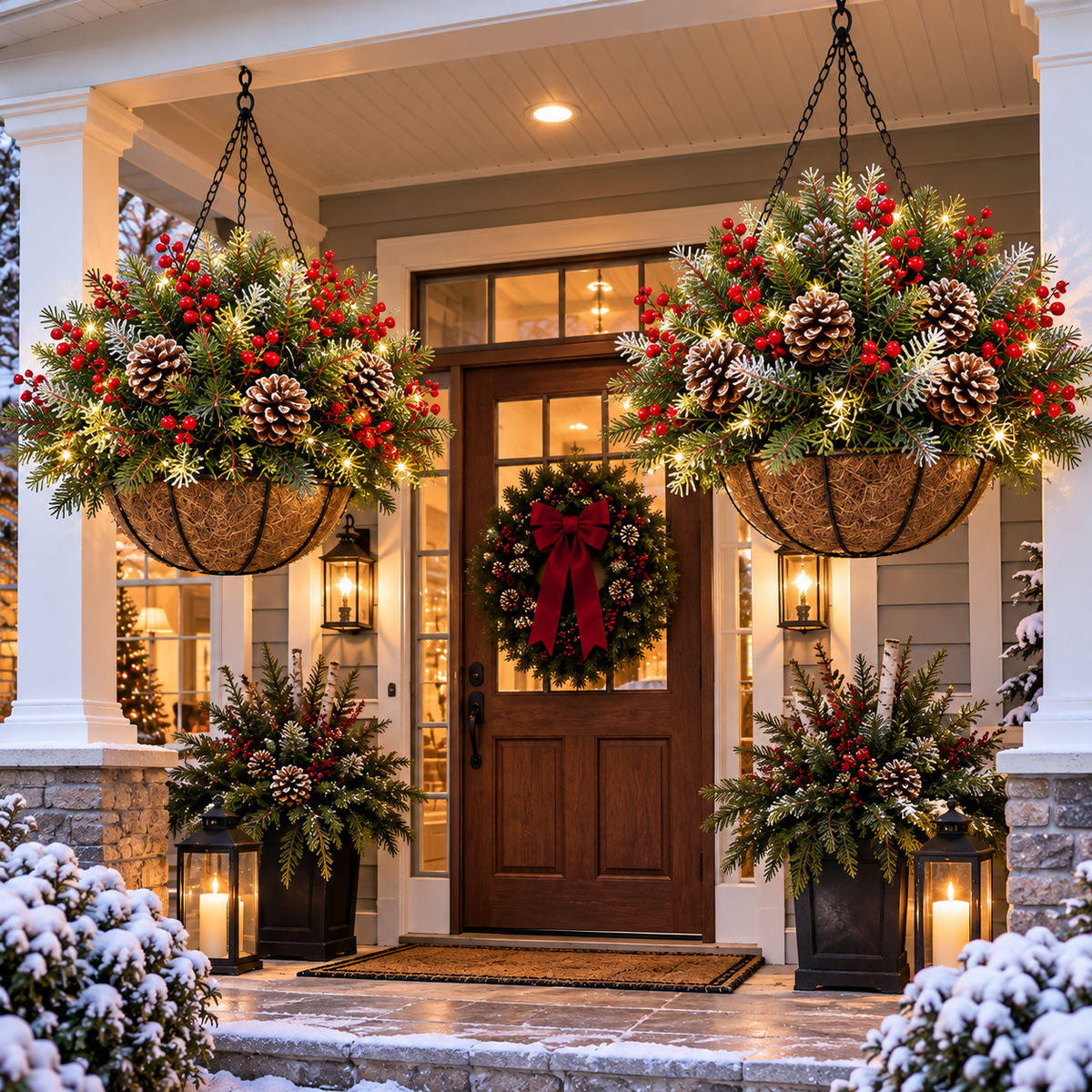 🎄Healrize®  Pre-Lit Christmas Hanging Basket |🎄 Pre-lit, weather-resistant, and zero maintenance