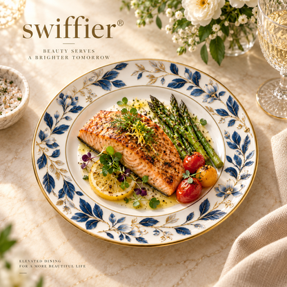 swiffier® Blue Botanical Gold-Rim Porcelain Dinner Plate