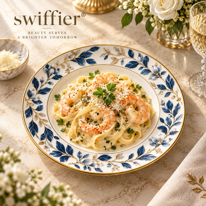 swiffier® Blue Botanical Gold-Rim Porcelain Dinner Plate