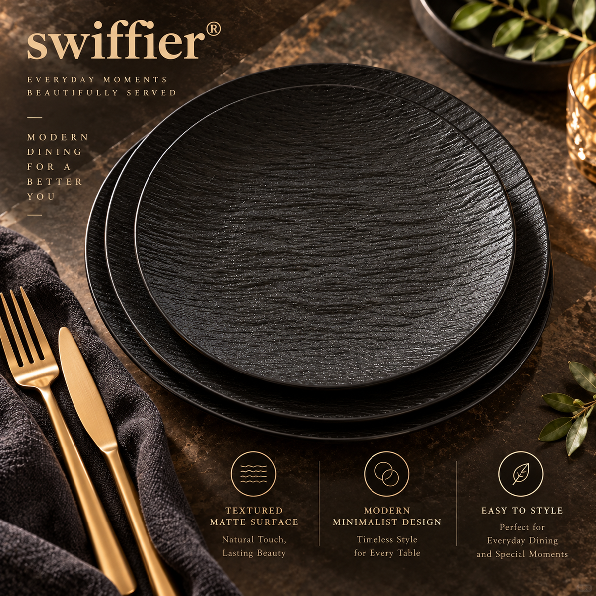 swiffier® Premium Textured Black Dinner Plate