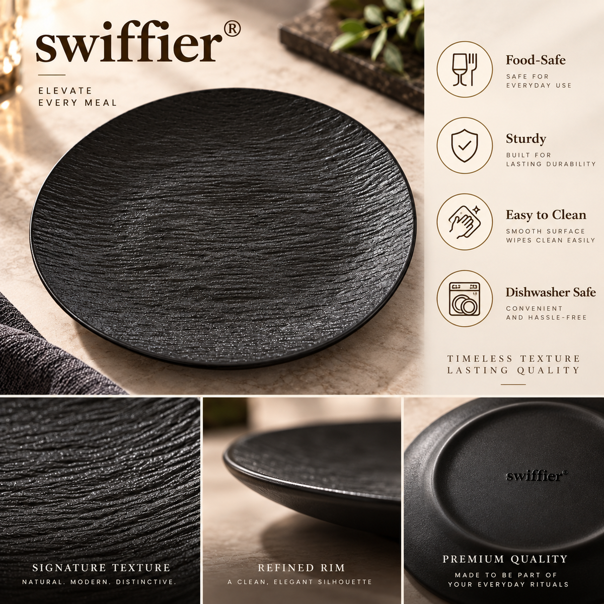 swiffier® Premium Textured Black Dinner Plate