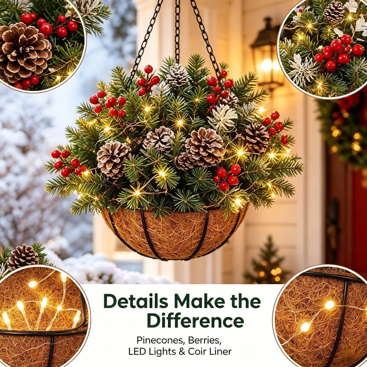 🎄Healrize®  Pre-Lit Christmas Hanging Basket |🎄 Pre-lit, weather-resistant, and zero maintenance